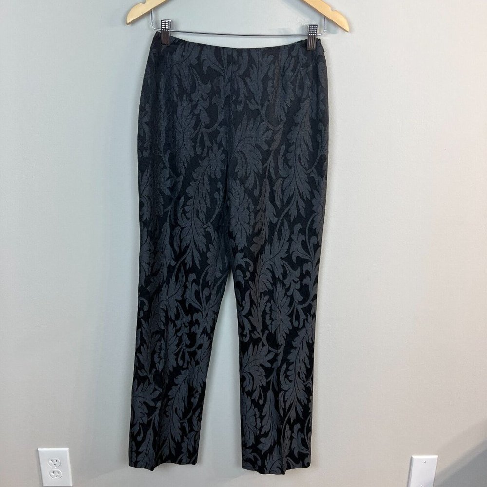 Max Mara Pants 6 Womens Black Gray Leaf Virgin Wool Silk Blend Straight Leg